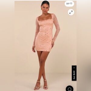 Lulus - Elegant Tan Sequin Bodycon Dress Size Small